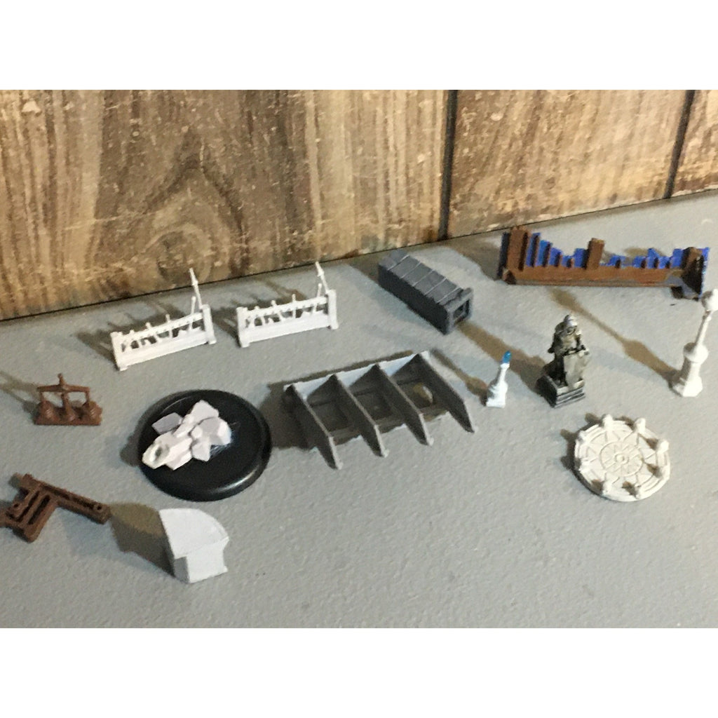A32576 UNKNOWN MINIATURES PLASTIC TERRAIN LOT STATUE WEAPON RACK WALL LAMP POST